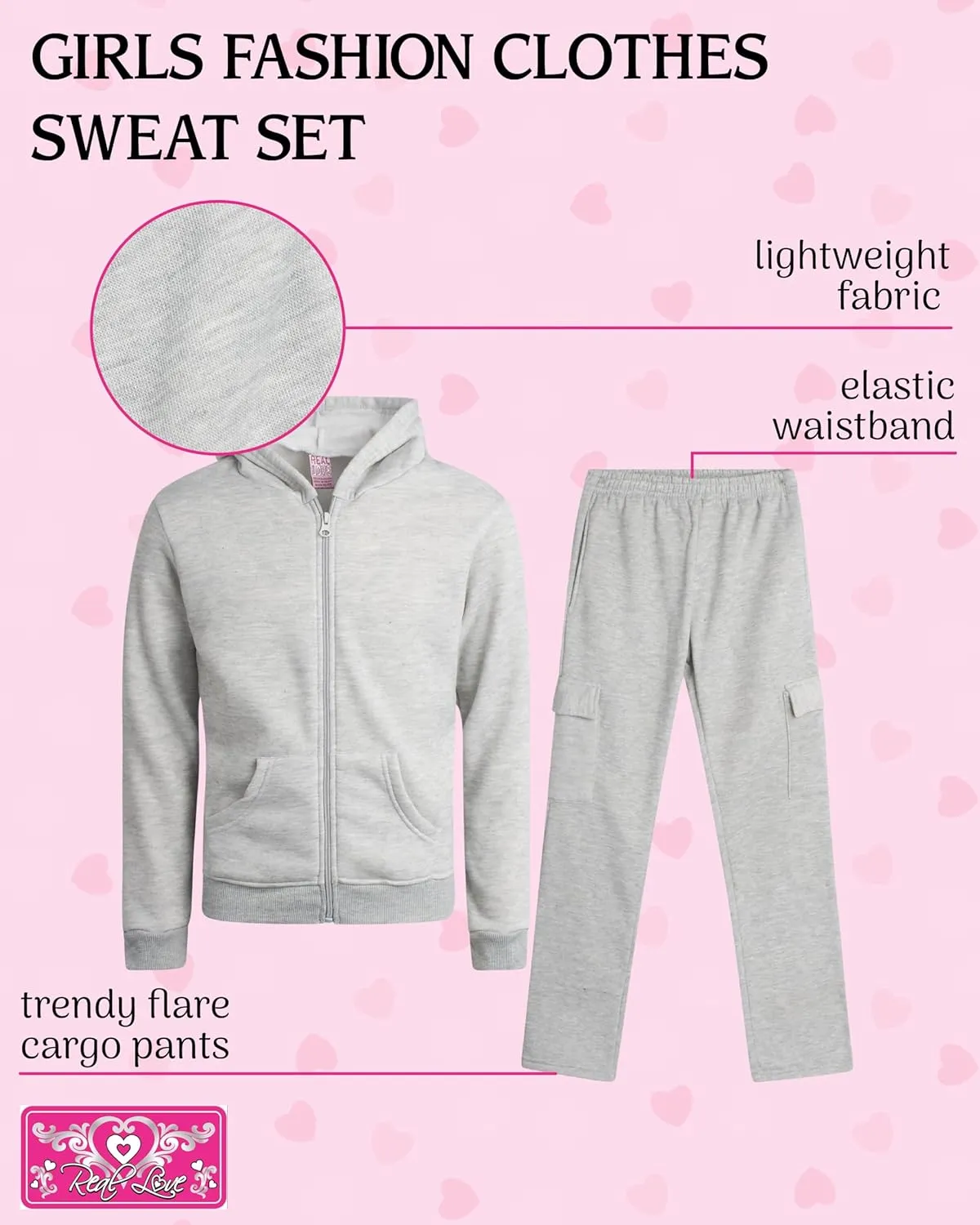 Real Love Girls' Jog Set - 2 Piece Soft Fleece Zip Up Hoodie and Flare Cargo Pants - Activewear Set for Girls (Sizes: 7-16)