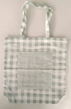 Reversible Sage Checks & stripe Tote Bag with Extra Front Pocket, Easy to Carry, Cotton Fabric.