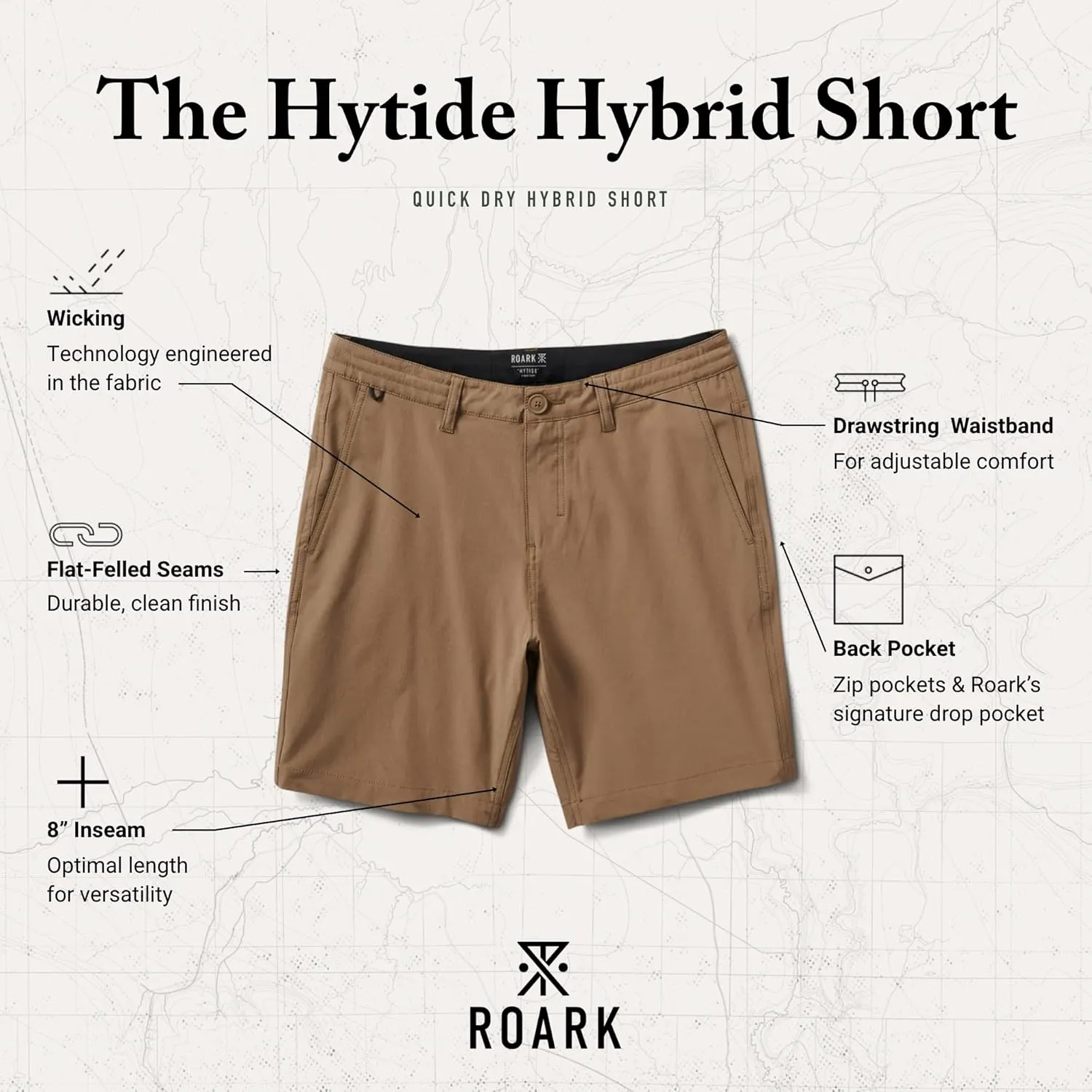 Roark Hytide Mens Hybrid Shorts 8"  Quick-Dry, 4-Way Stretch, Travel, Hiking, Golf & Casual Outdoor Shorts for Men