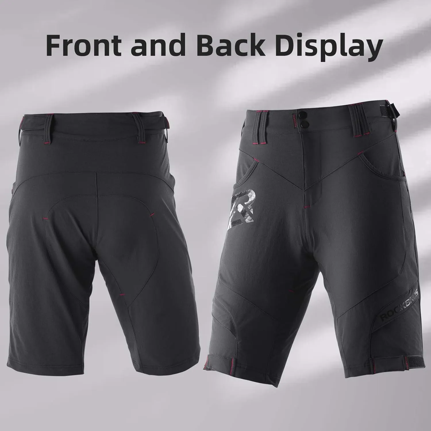 ROCK BROS Mens Mountain Bike Shorts with Detachable 4D Padded Liner, Hook-&-Loop Waist & Zipper Pocket Lightweight Baggy