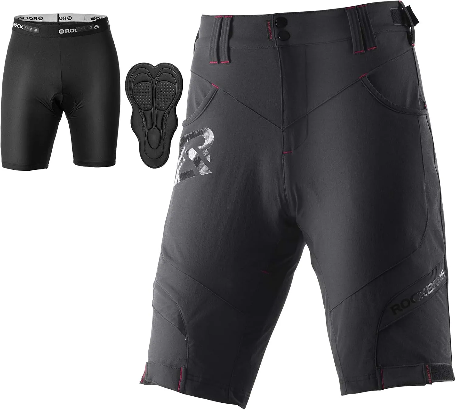 ROCK BROS Mens Mountain Bike Shorts with Detachable 4D Padded Liner, Hook-&-Loop Waist & Zipper Pocket Lightweight Baggy