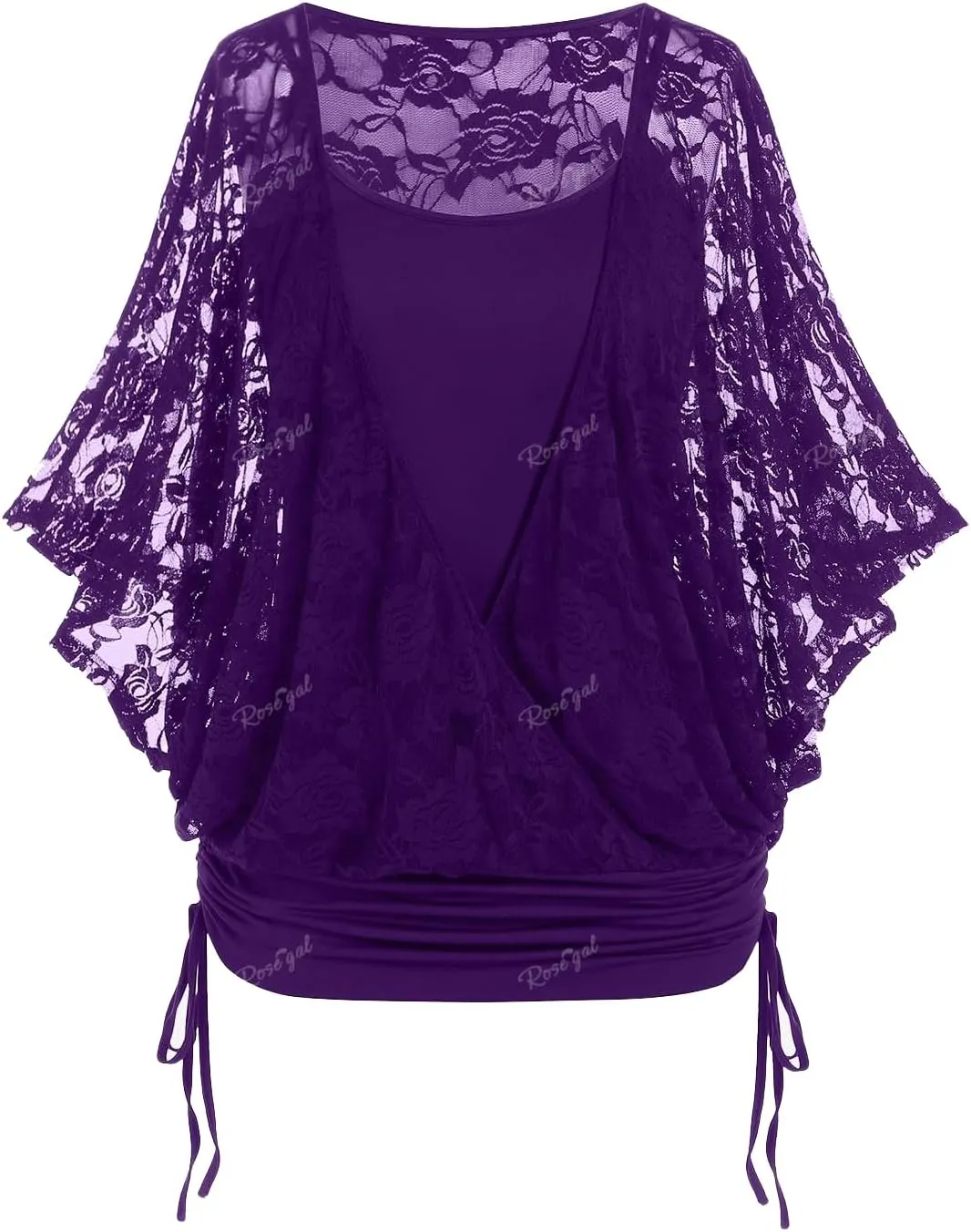 Rosegal Women Plus Size Cinched Ruched Batwing Sleeves Lace 2 in 1 Tee Blouson Top