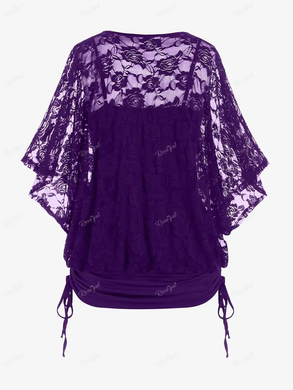 Rosegal Women Plus Size Cinched Ruched Batwing Sleeves Lace 2 in 1 Tee Blouson Top