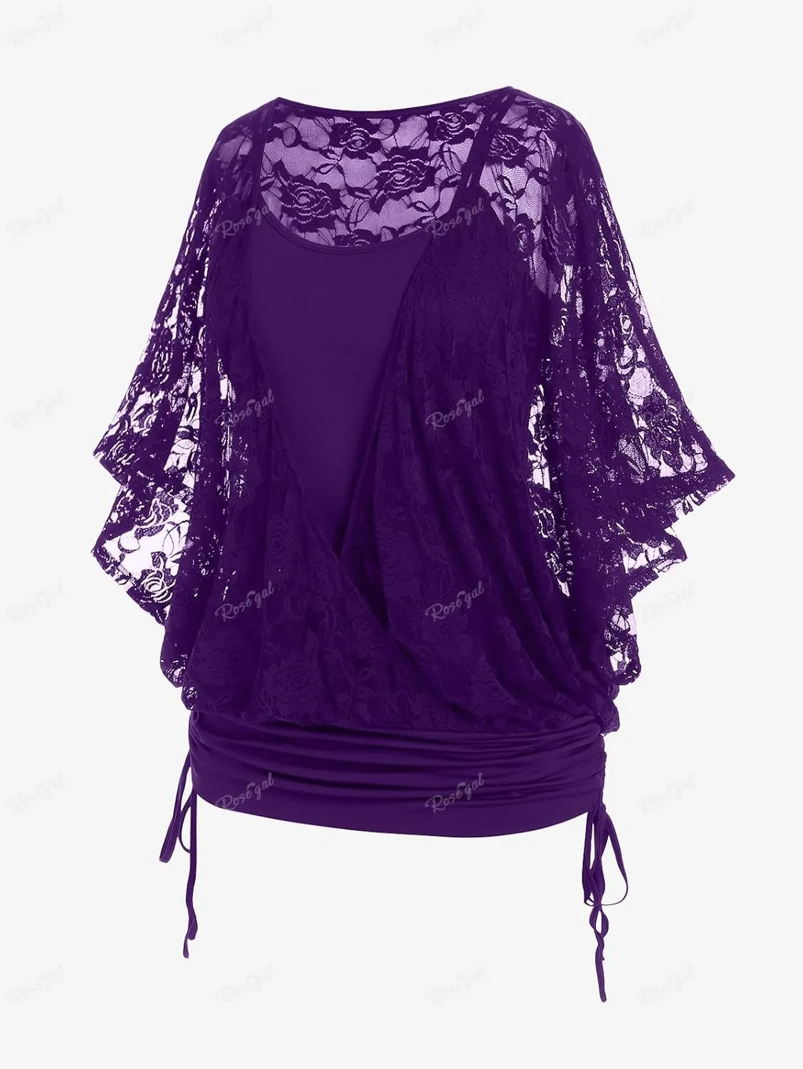 Rosegal Women Plus Size Cinched Ruched Batwing Sleeves Lace 2 in 1 Tee Blouson Top