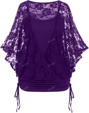 Rosegal Women Plus Size Cinched Ruched Batwing Sleeves Lace 2 in 1 Tee Blouson Top