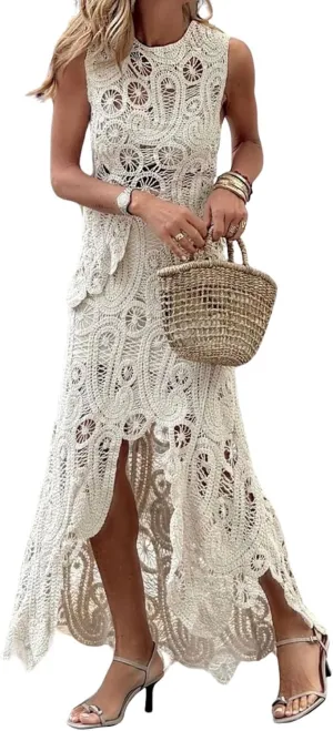 Ru Sweet Womens Two Pieces Skirt Sets Summer Sleeveless Tank Top and Long Crochet Knit Skirt Sets Beach Cocktail Club Dress