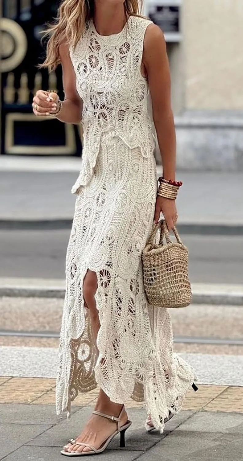 Ru Sweet Womens Two Pieces Skirt Sets Summer Sleeveless Tank Top and Long Crochet Knit Skirt Sets Beach Cocktail Club Dress