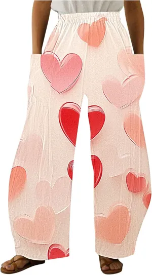 Ruziyoog Valentine Day Pants for for Women Casual High Waist Wide Leg Pants Heart Print Long Palazzo Pants Lounge Trousers