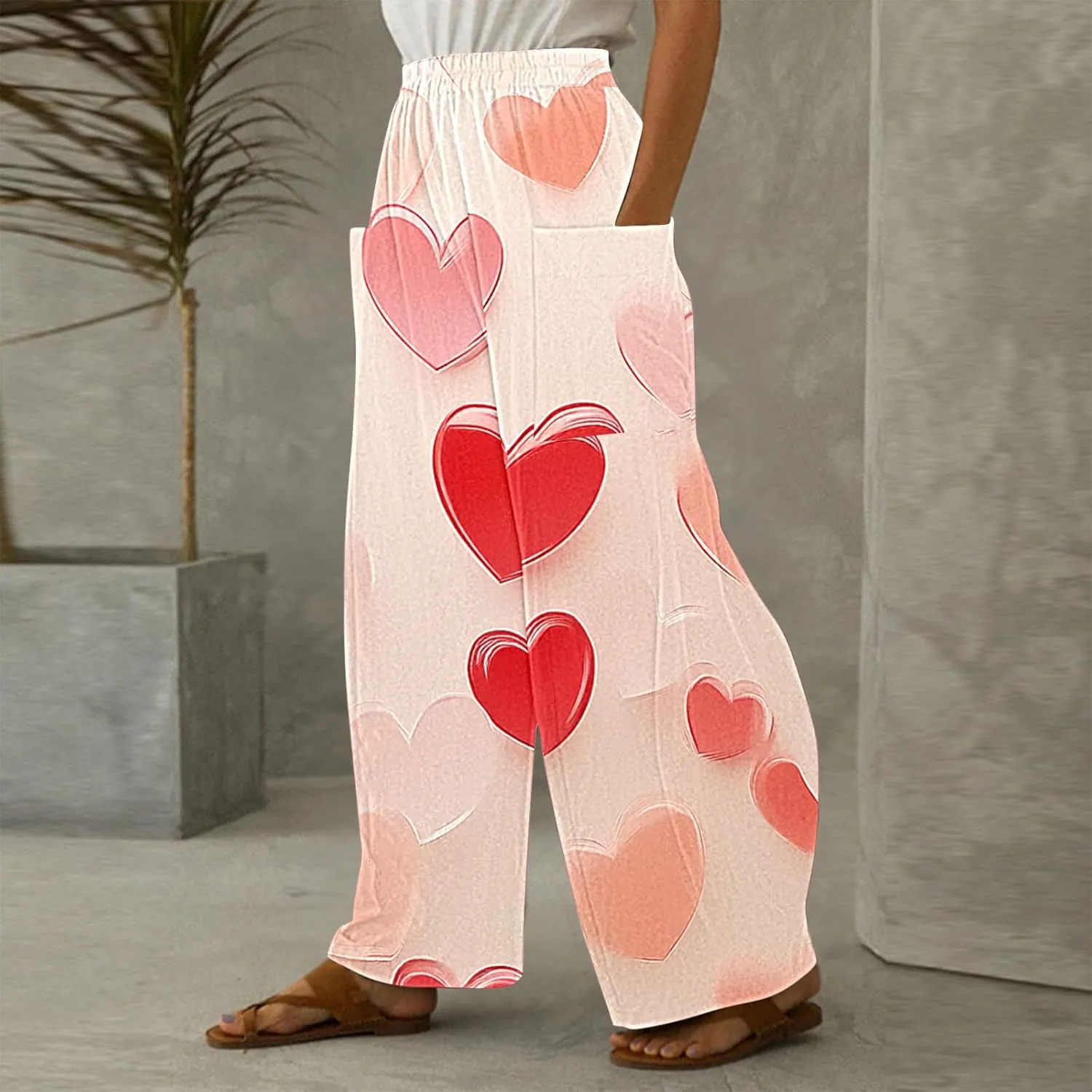 Ruziyoog Valentine Day Pants for for Women Casual High Waist Wide Leg Pants Heart Print Long Palazzo Pants Lounge Trousers