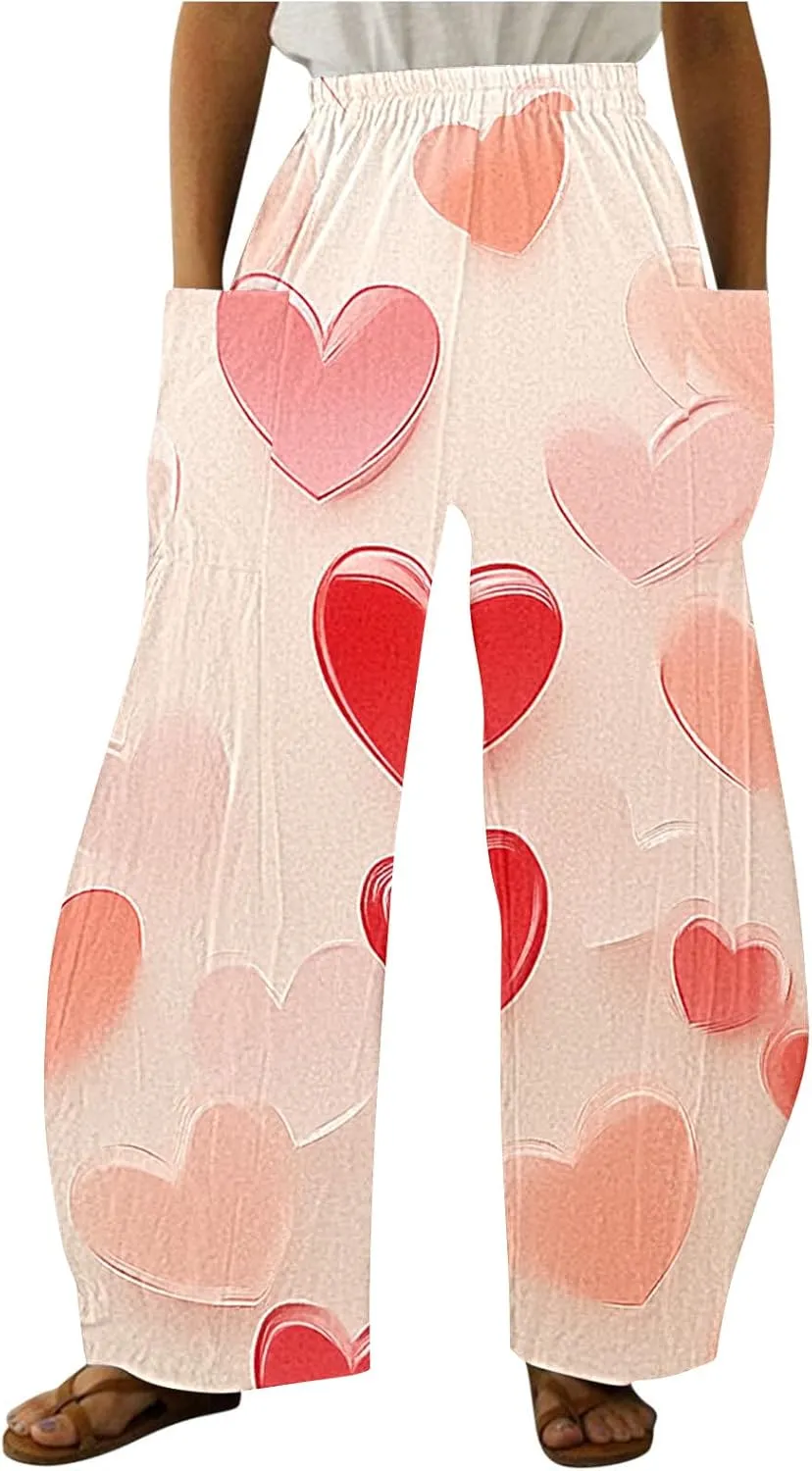 Ruziyoog Valentine Day Pants for for Women Casual High Waist Wide Leg Pants Heart Print Long Palazzo Pants Lounge Trousers