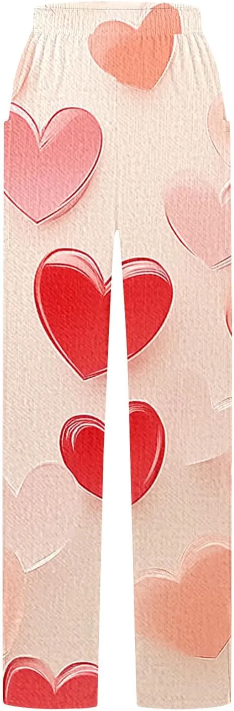 Ruziyoog Valentine Day Pants for for Women Casual High Waist Wide Leg Pants Heart Print Long Palazzo Pants Lounge Trousers