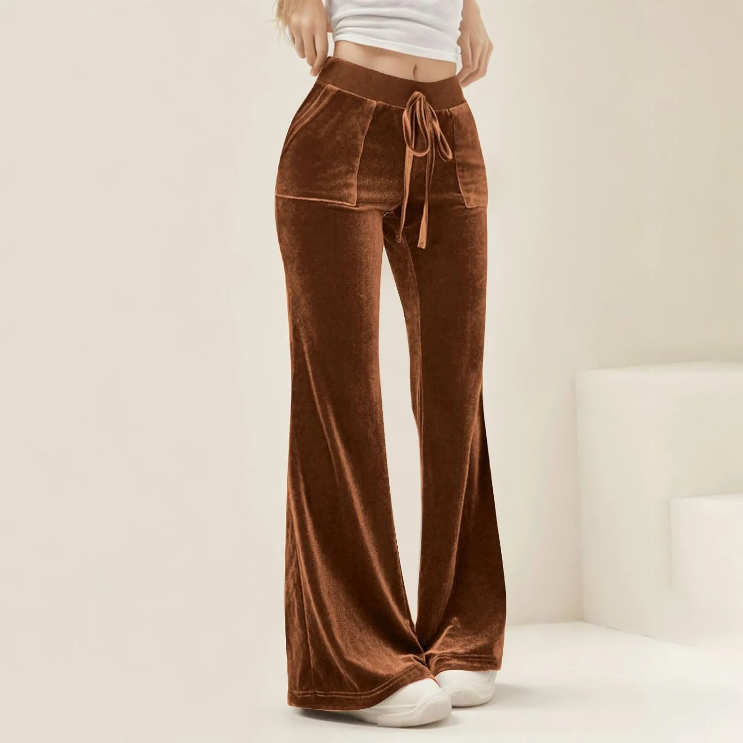 Ruziyoog Velvet Pants for Women Drawstring High Waist Wide Leg Casual Lounge Pant Loose Flowy Trousers with Pockets
