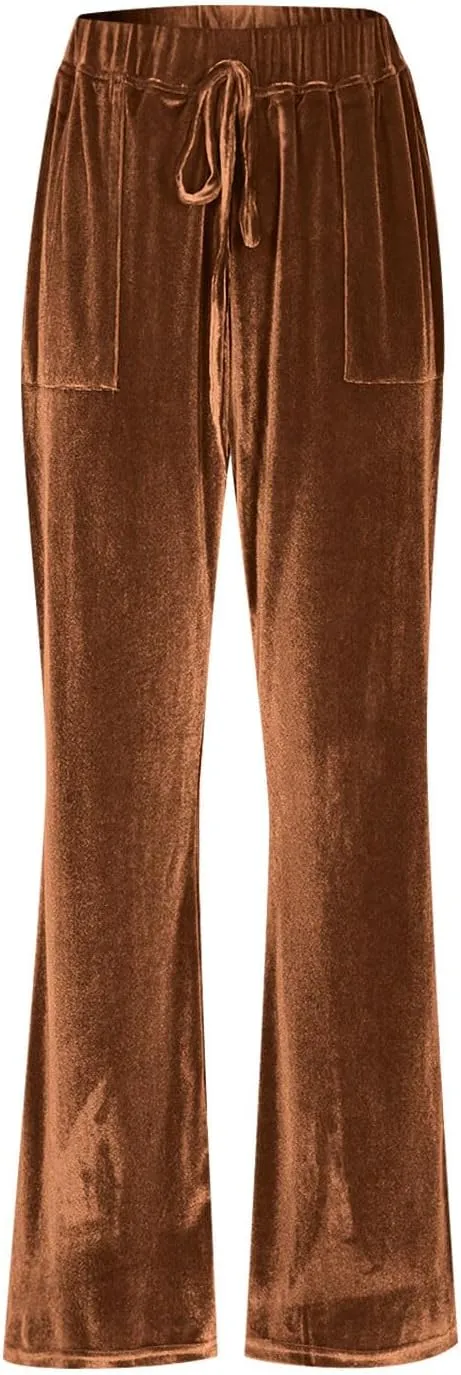 Ruziyoog Velvet Pants for Women Drawstring High Waist Wide Leg Casual Lounge Pant Loose Flowy Trousers with Pockets