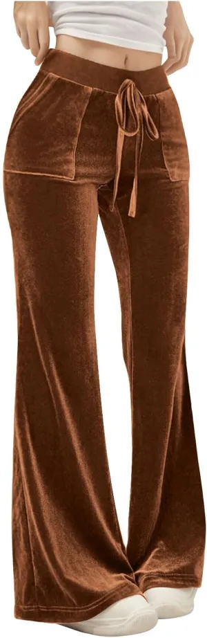 Ruziyoog Velvet Pants for Women Drawstring High Waist Wide Leg Casual Lounge Pant Loose Flowy Trousers with Pockets