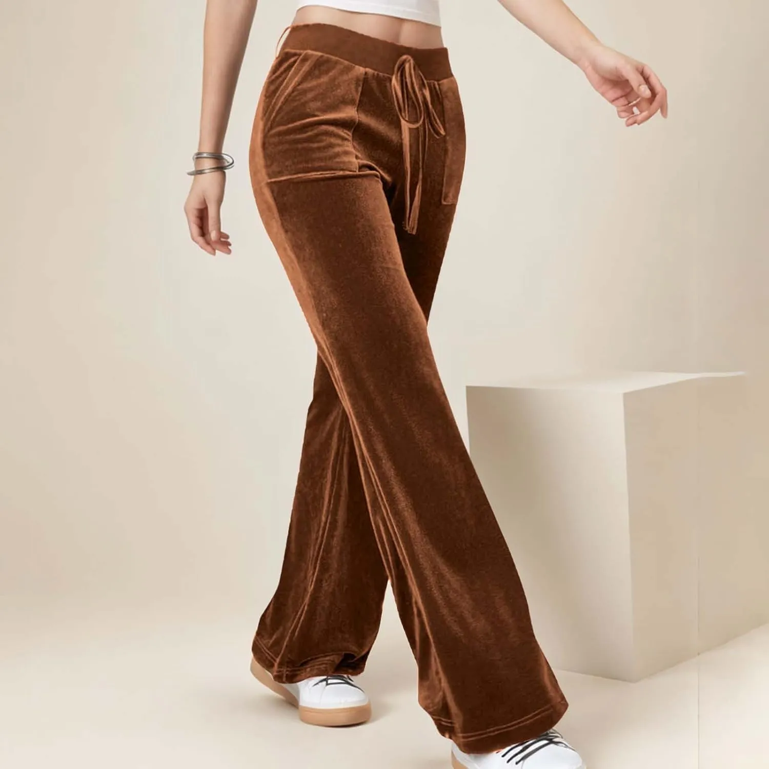Ruziyoog Velvet Pants for Women Drawstring High Waist Wide Leg Casual Lounge Pant Loose Flowy Trousers with Pockets