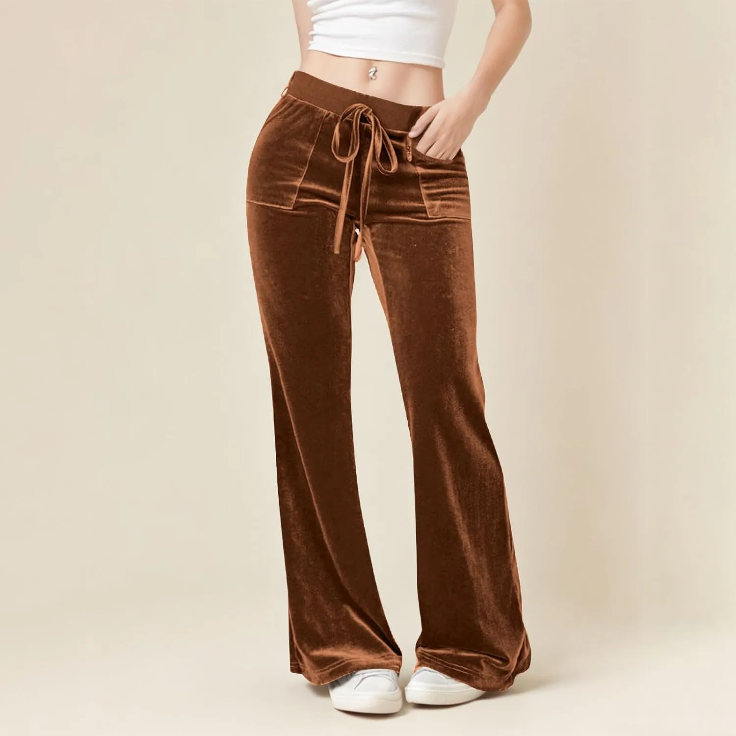 Ruziyoog Velvet Pants for Women Drawstring High Waist Wide Leg Casual Lounge Pant Loose Flowy Trousers with Pockets