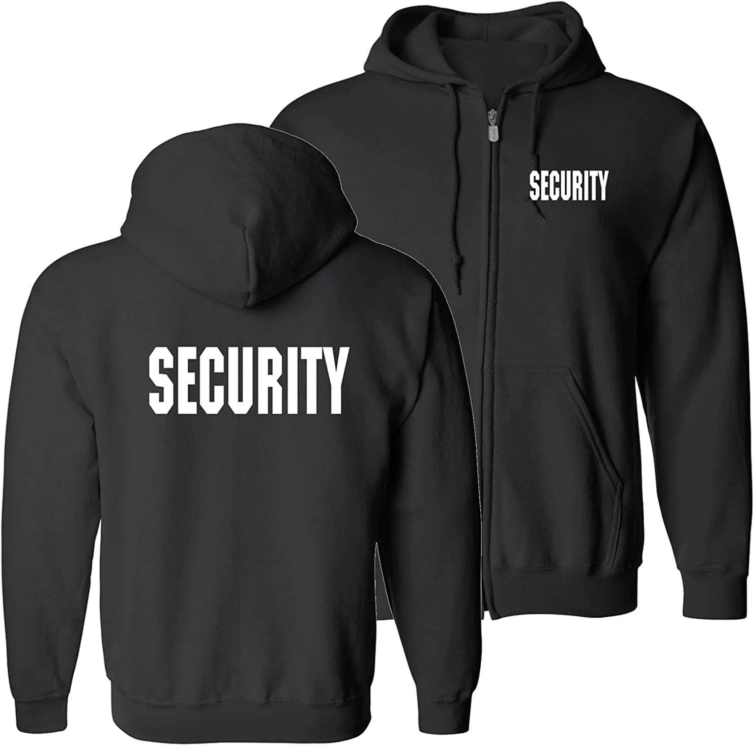 RYNO GEAR Men's Security Guard Silkscreen Front & Back Black Full Zip Hoodie, Fleece Hoodie.