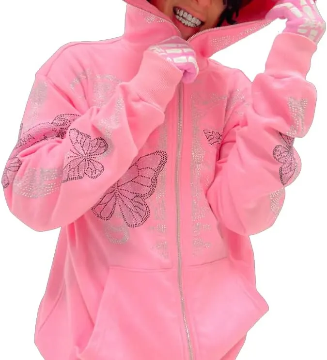 Sastianaen Women Rhinestone Hoodie Oversized Zip up Sweatshirts Long Sleeve Drawstring Coat Gothic Harajuk Pullover