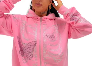 Sastianaen Women Rhinestone Hoodie Oversized Zip up Sweatshirts Long Sleeve Drawstring Coat Gothic Harajuk Pullover