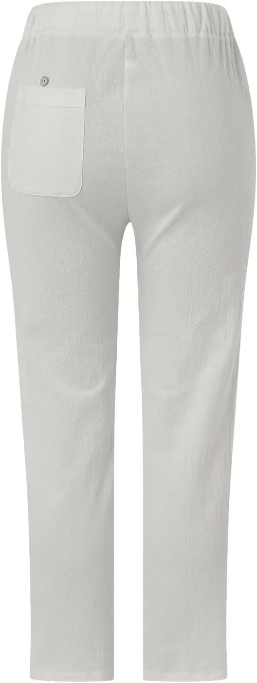 sdbrld Womens Capri Pants Linen Cropped Cotton Trousers Summer Wide Leg Hollowed High Waisted Palazzo Pants with Pockets
