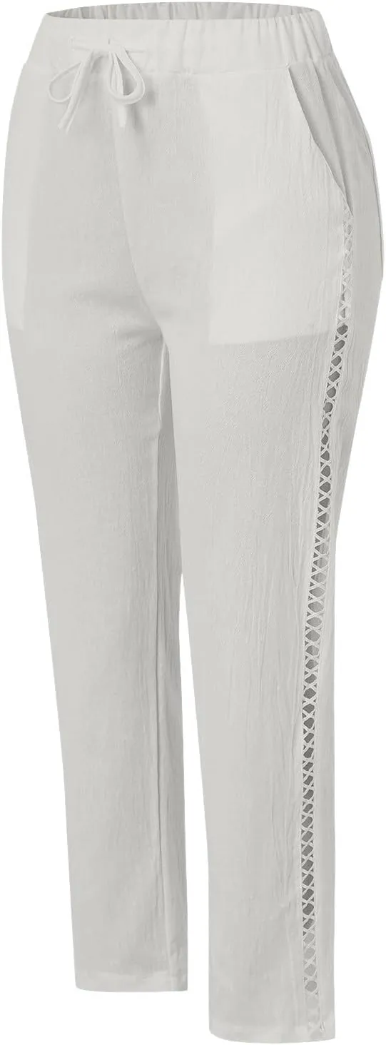 sdbrld Womens Capri Pants Linen Cropped Cotton Trousers Summer Wide Leg Hollowed High Waisted Palazzo Pants with Pockets