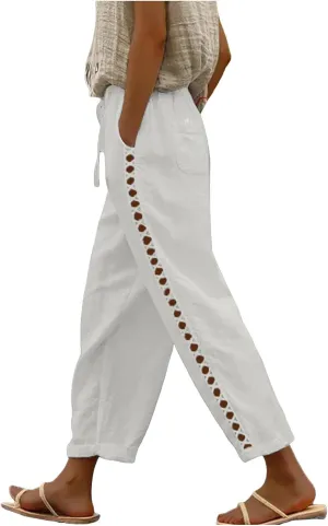 sdbrld Womens Capri Pants Linen Cropped Cotton Trousers Summer Wide Leg Hollowed High Waisted Palazzo Pants with Pockets