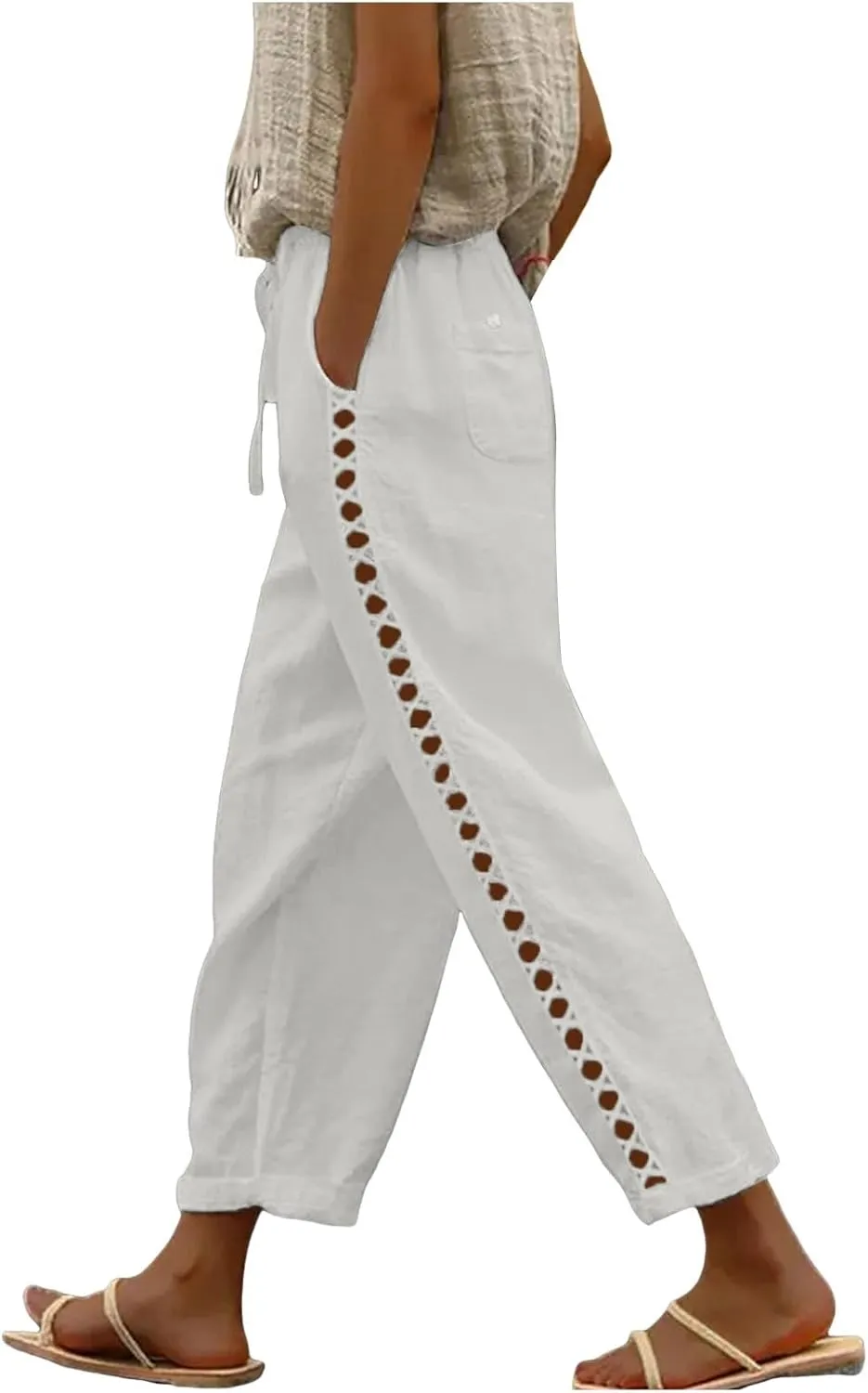 sdbrld Womens Capri Pants Linen Cropped Cotton Trousers Summer Wide Leg Hollowed High Waisted Palazzo Pants with Pockets