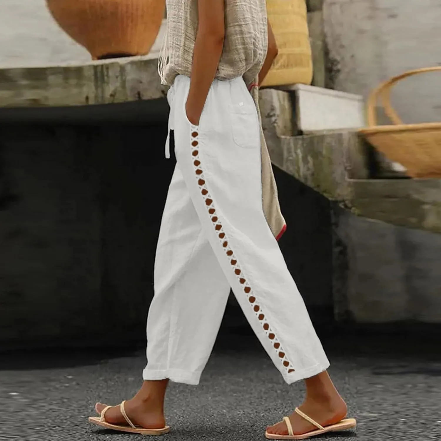 sdbrld Womens Capri Pants Linen Cropped Cotton Trousers Summer Wide Leg Hollowed High Waisted Palazzo Pants with Pockets