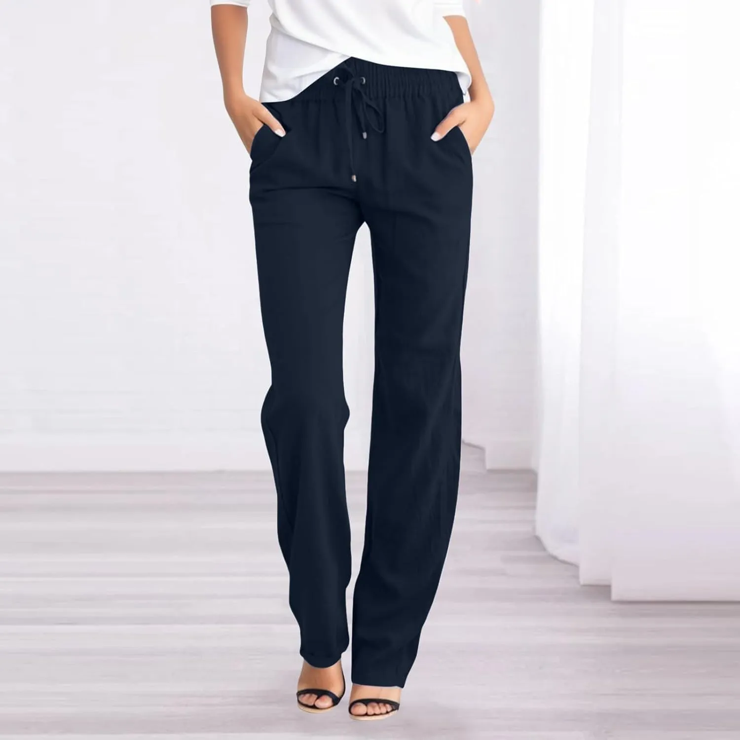 sdbrld Womens Linen Cotton Pants 2024 Casual Summer Trousers Drawstring Elastic Waist Straight Leg Lightweight Comfy Pants