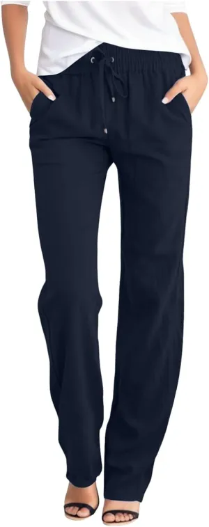 sdbrld Womens Linen Cotton Pants 2024 Casual Summer Trousers Drawstring Elastic Waist Straight Leg Lightweight Comfy Pants