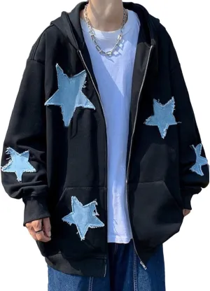 Seyurigaoka Women Y2K Star Zip Up Hoodie Retro Harajuku Oversized Gothic Hip Hop Sweatshirts Grunge Jacket Streetwear