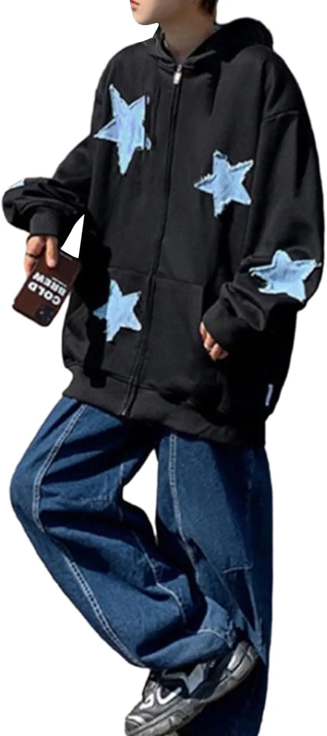 Seyurigaoka Women Y2K Star Zip Up Hoodie Retro Harajuku Oversized Gothic Hip Hop Sweatshirts Grunge Jacket Streetwear
