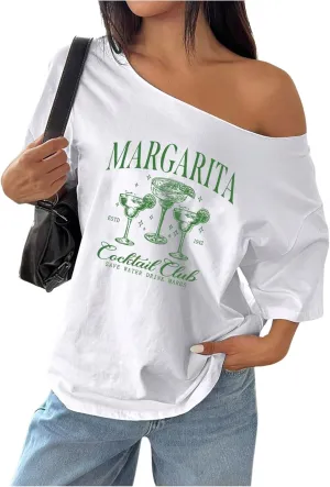 SHENHE Women's Oversized Off The Shoulder Graphic T Shirt Short Sleeve Casual Vintage Tee Top