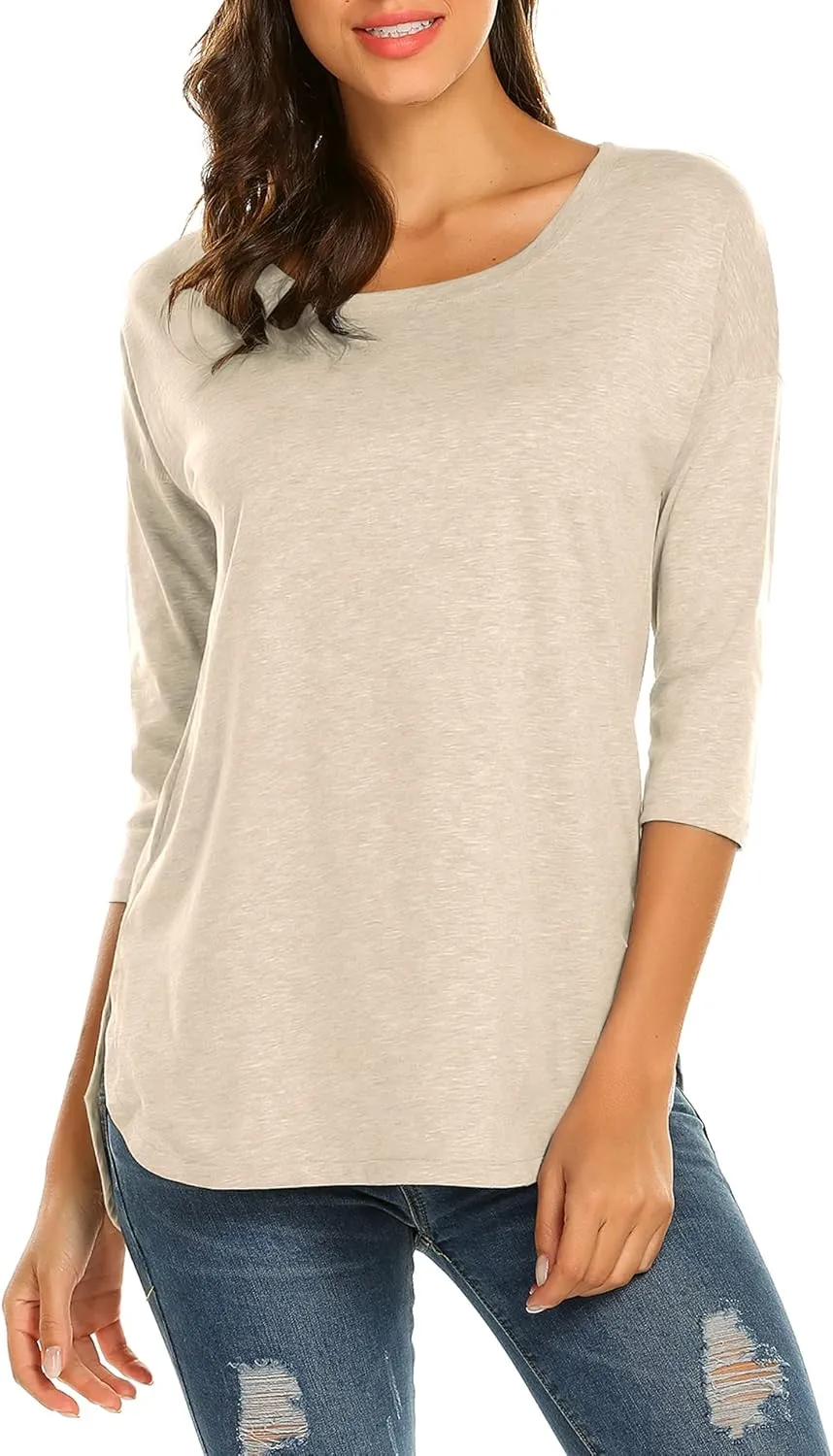 Sherosa Women's Casual 3/4 Sleeve Loose Tunic Tops Scoop Neck T-Shirt