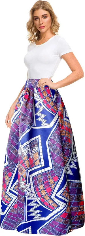 Sinono Women's African Printed Maxi Skirt Flared A Line Long Skirts