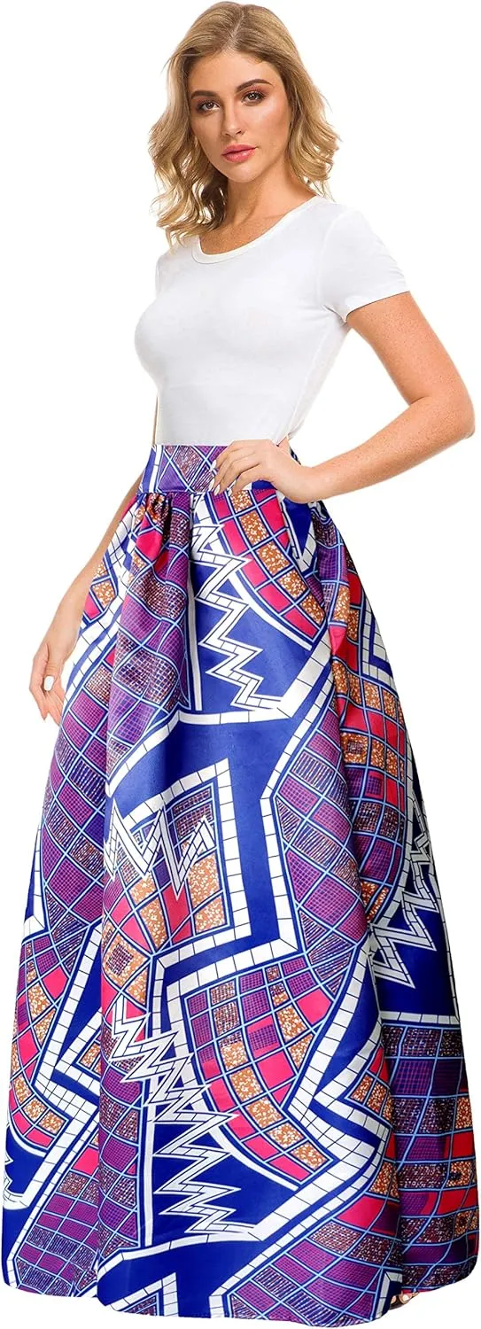 Sinono Women's African Printed Maxi Skirt Flared A Line Long Skirts