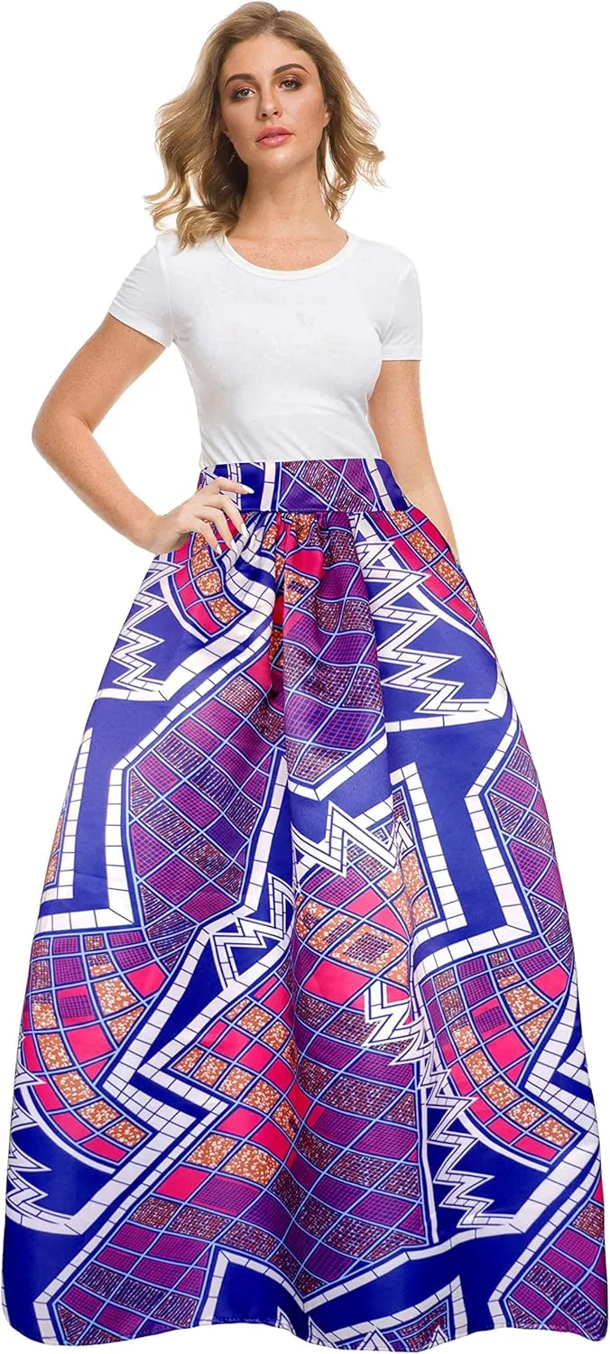 Sinono Women's African Printed Maxi Skirt Flared A Line Long Skirts