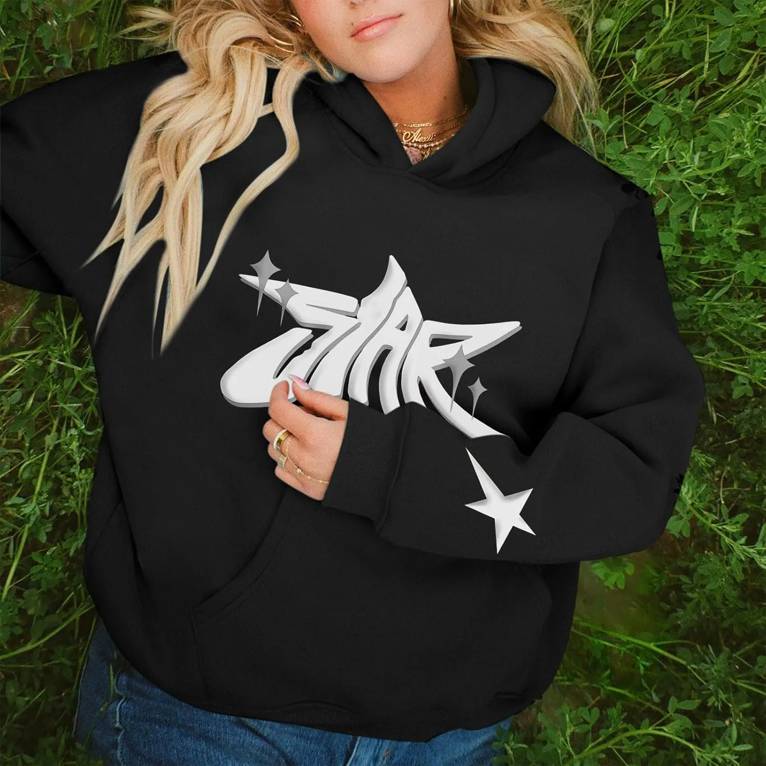 Star Hoodie Oversized Y2k Sweatshirts for Women Cute Stars Graphic Letter Print Hoodies Aesthetic Trendy Pullover