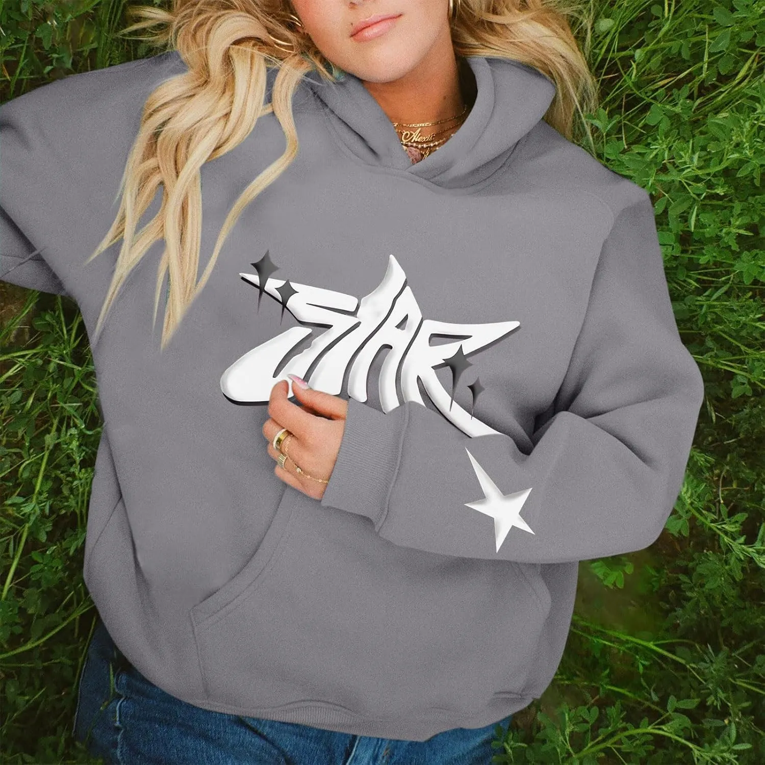 Star Hoodie Oversized Y2k Sweatshirts for Women Cute Stars Graphic Letter Print Hoodies Aesthetic Trendy Pullover