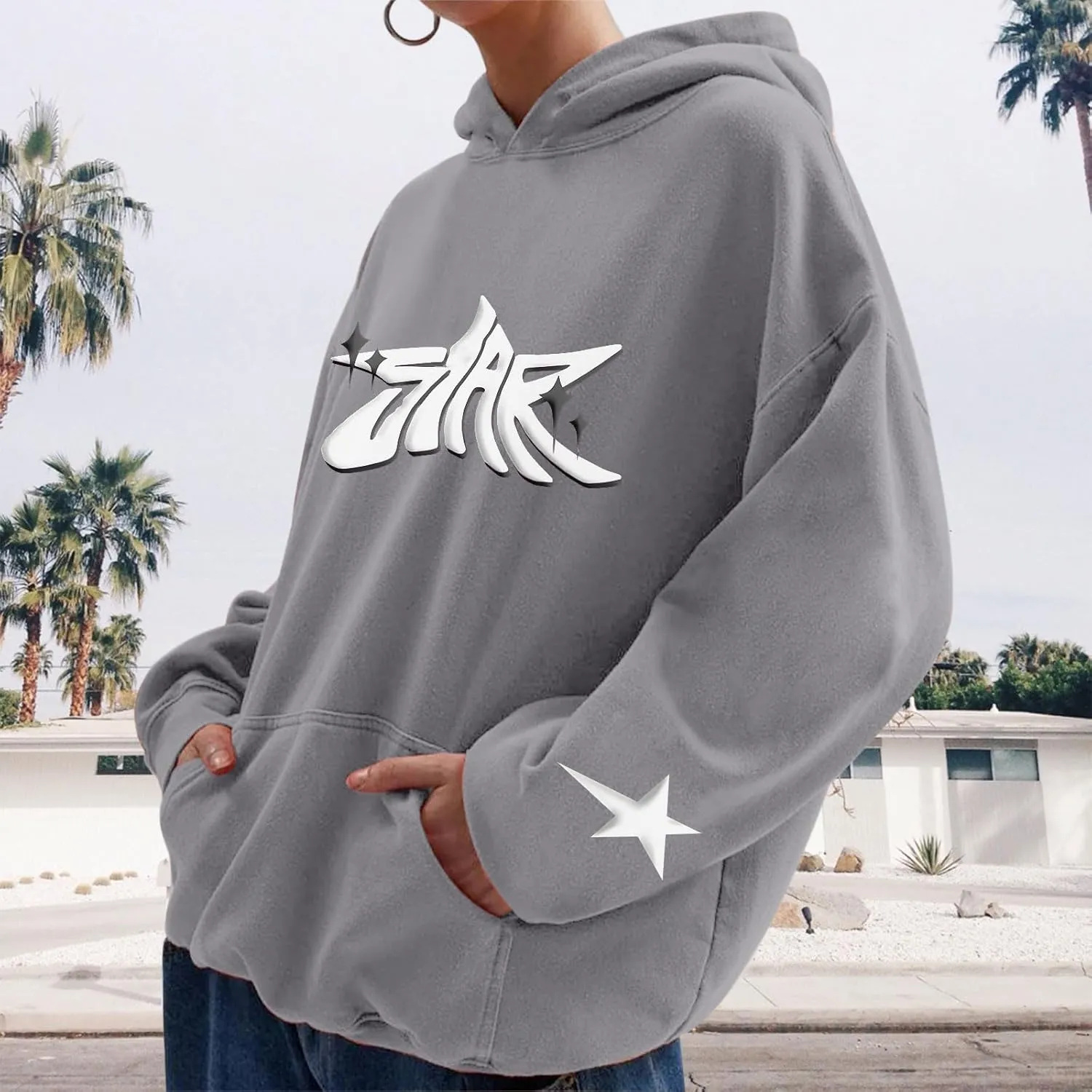 Star Hoodie Oversized Y2k Sweatshirts for Women Cute Stars Graphic Letter Print Hoodies Aesthetic Trendy Pullover