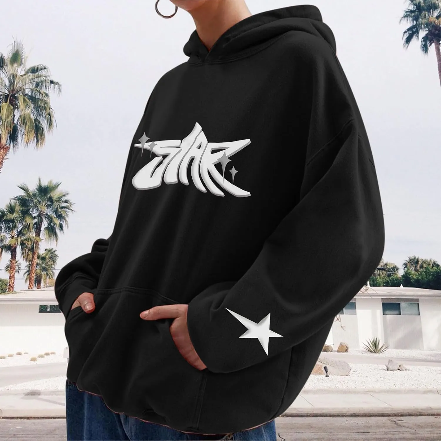 Star Hoodie Oversized Y2k Sweatshirts for Women Cute Stars Graphic Letter Print Hoodies Aesthetic Trendy Pullover