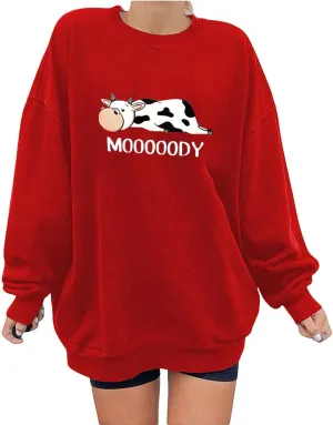 Stessotudo Oversized Sweatshirts for Women Cow Print Cute Long Sleeve Tops Funny Sayings Pullover Casual Western Shirts 2023