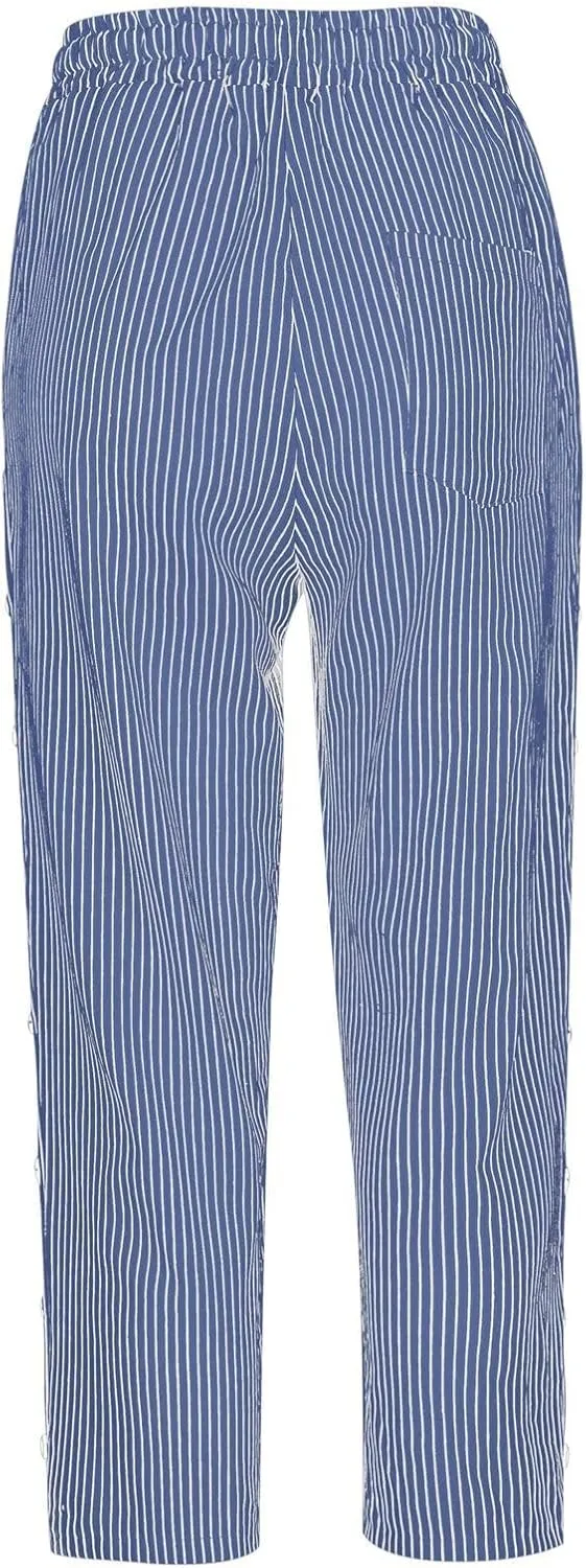 Striped Linen Pants Women 2025 Summer Casual Elastic Waist Pants Wide Leg Drawstring Trousers with Pockets