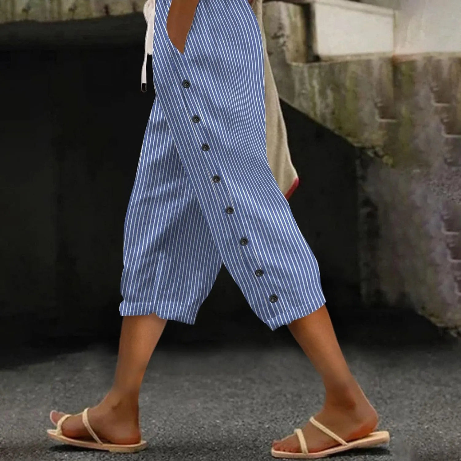 Striped Linen Pants Women 2025 Summer Casual Elastic Waist Pants Wide Leg Drawstring Trousers with Pockets