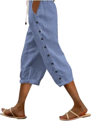 Striped Linen Pants Women 2025 Summer Casual Elastic Waist Pants Wide Leg Drawstring Trousers with Pockets