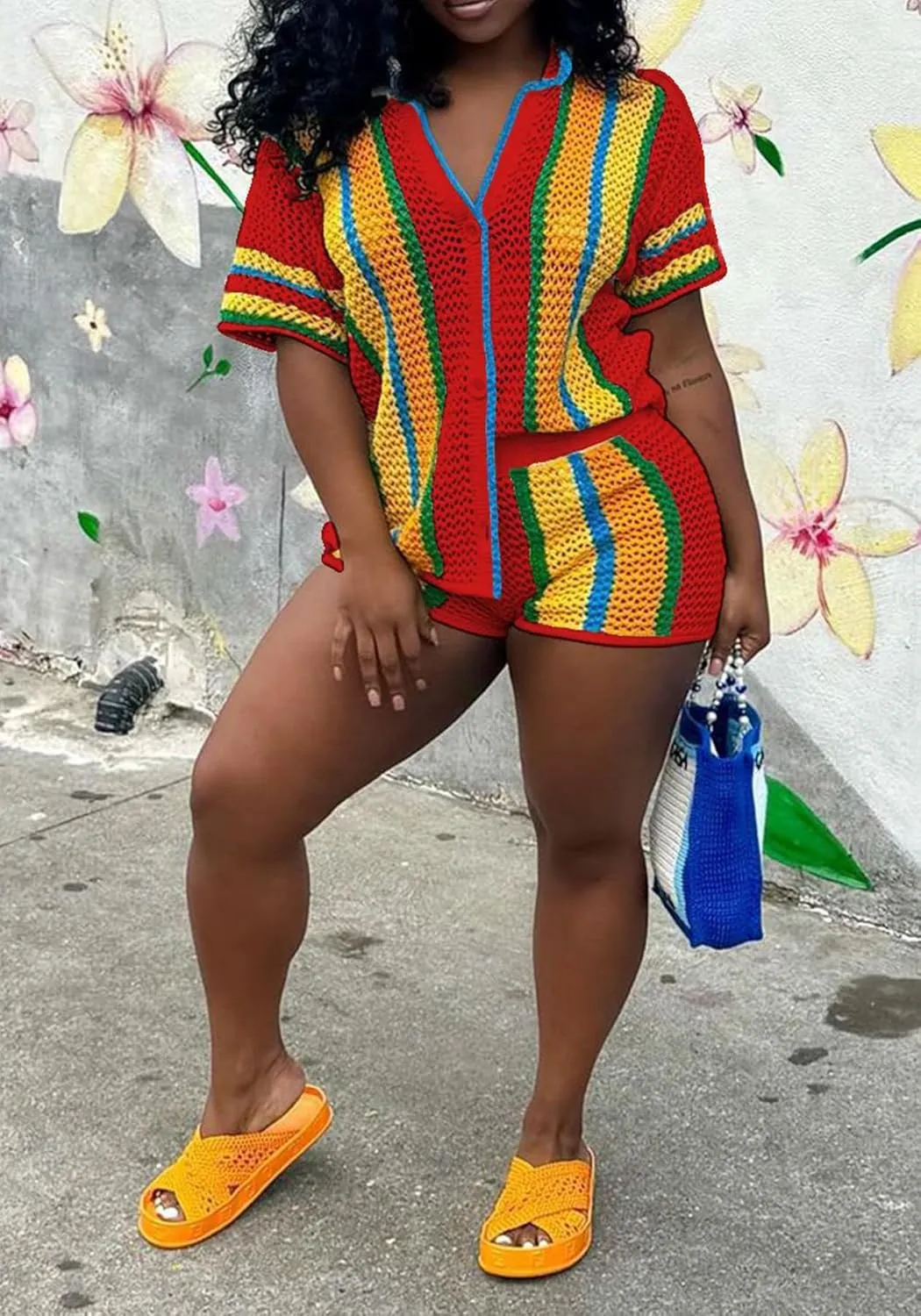 Summer 2 Piece Short Sets For Women Crochet Short Sleeve Shirt and Shorts Matching Set Vacation