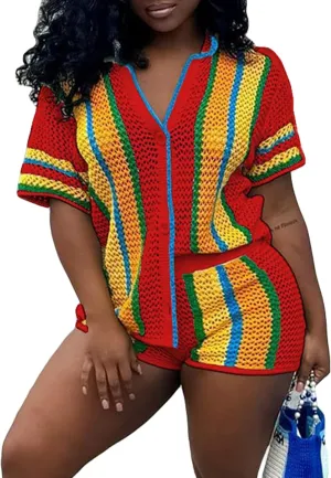 Summer 2 Piece Short Sets For Women Crochet Short Sleeve Shirt and Shorts Matching Set Vacation