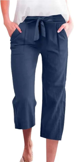 Summer Cotton Linen Capri Pants for Women Straight Wide Leg Cropped Trousers with Drawstring Waist Causal Summer Pant