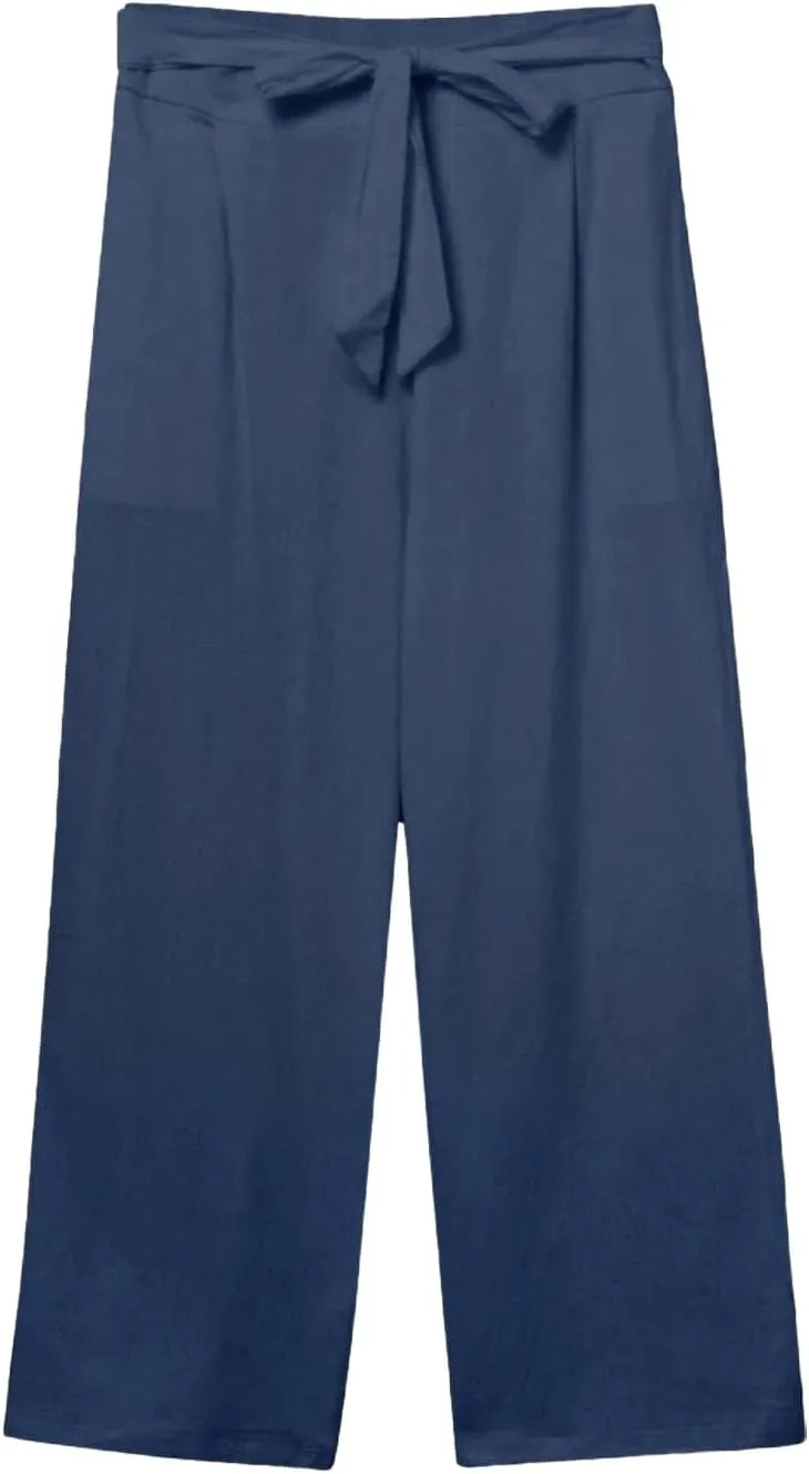 Summer Cotton Linen Capri Pants for Women Straight Wide Leg Cropped Trousers with Drawstring Waist Causal Summer Pant