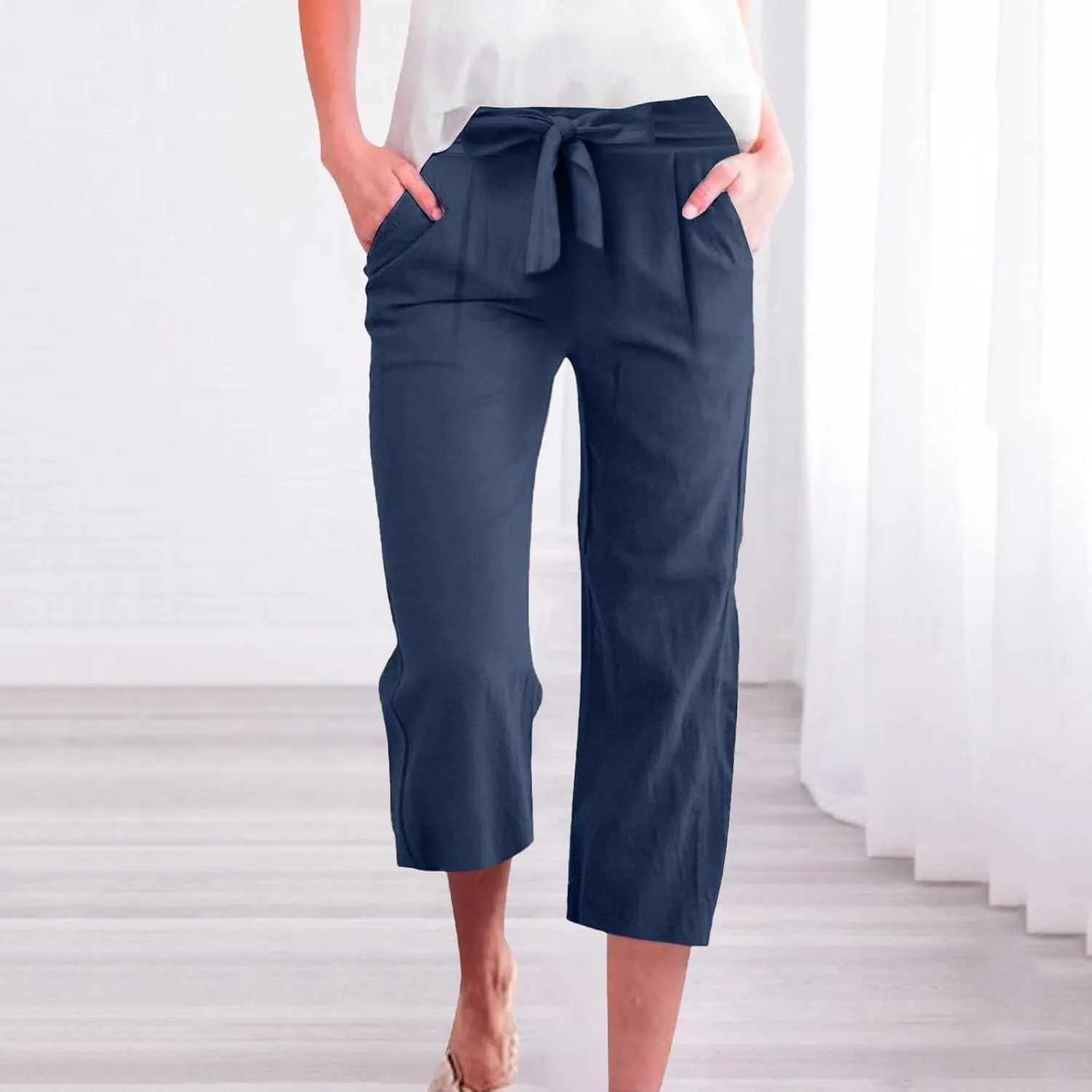 Summer Cotton Linen Capri Pants for Women Straight Wide Leg Cropped Trousers with Drawstring Waist Causal Summer Pant
